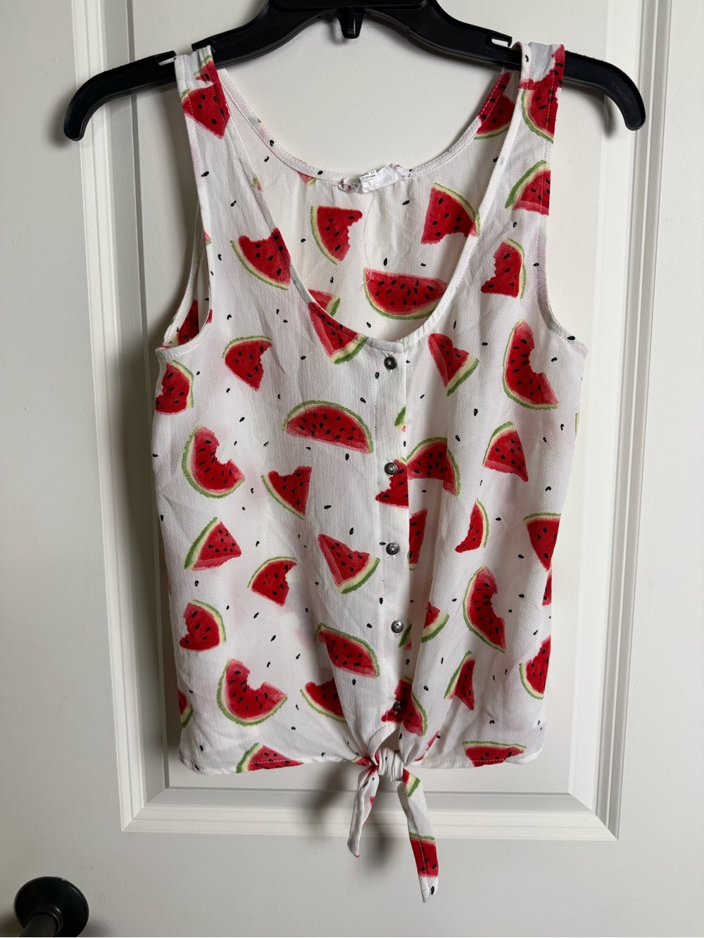 Pink Rose White Tank Top with Red Watermelon Print and Tie Front